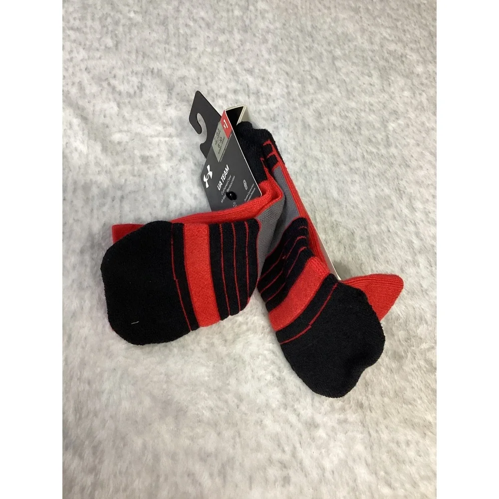Under Armour UA Team Cushioned Crew Socks Red Black 1367820-600‎ Mens 7-8.5 NEW